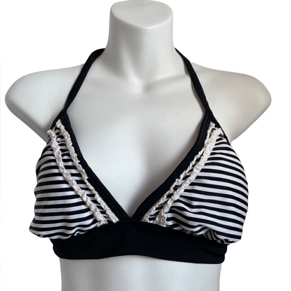 Catalina Lace Striped Bikini Top Black White Large